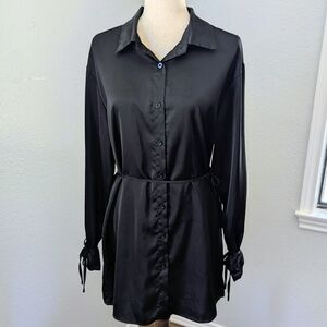 Black Satin Button Front Dress/Tunic Tie Waist & Cuff Detail Goth Preppy NYE